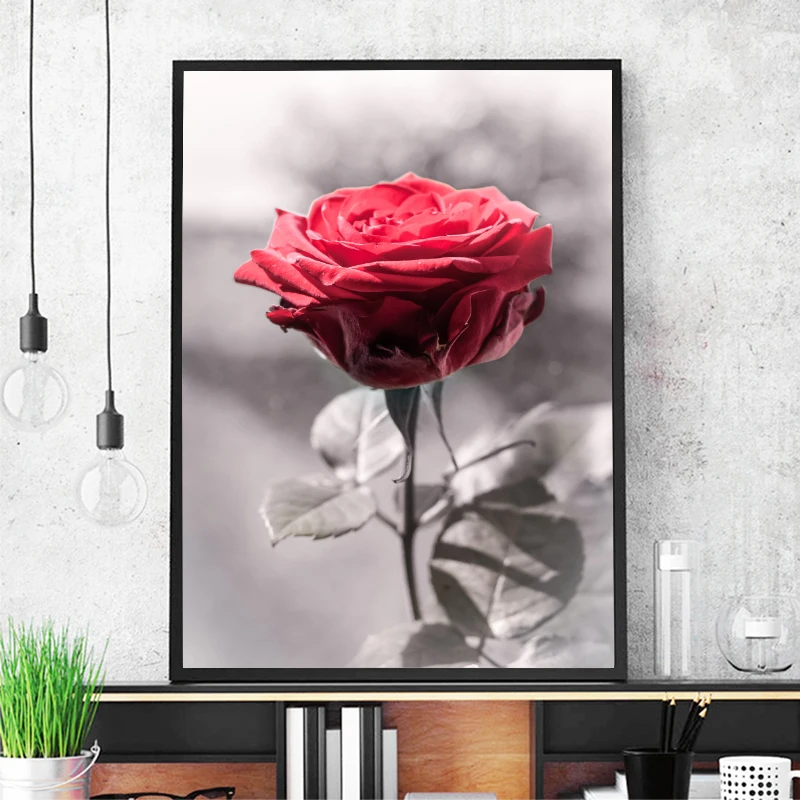 Скандинавский красный цветок, Картина на холсте, роза, HD картина, настенная живопись, современные картины, абстрактные цветы, украшение на стену