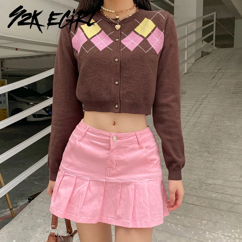 

Y2K EGIRL Vintage 2000s Aesthetics Single-breasted Argyle Plaid Cardigans Autumn O-neck Long Sleeve Knitted Brown Sweaters Chic