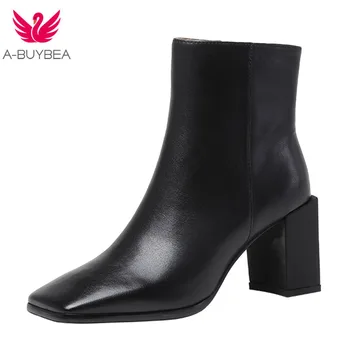 

Genuine Leather Ankle Boots for Women Square Toe High Heels Autumn/Winter Shoes Woman Zipper Thick Heels Ladies Western Boots