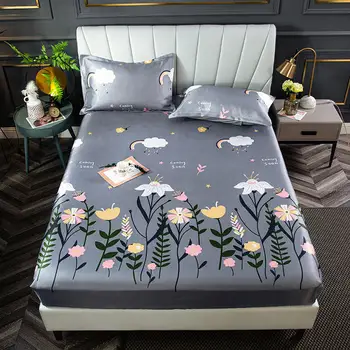 

1/3pcs Ice Silk Mat Set Summer Cool Latex Mattress Cover Bedspread Solid Fitted Sheet with Rubber Soft Bed Pad Pillowcase