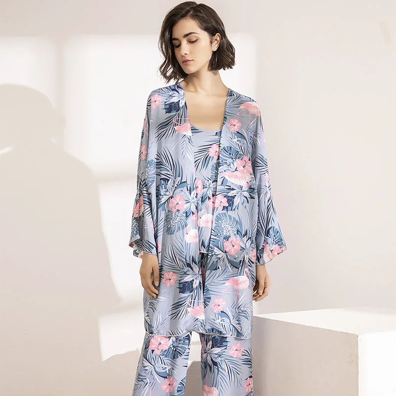Новинка, Женский мягкий элегантный пижамный комплект из 3 предметов, пижамы большого размера с принтом фламинго, домашняя одежда, кардиган+ камзол+ штаны на осень