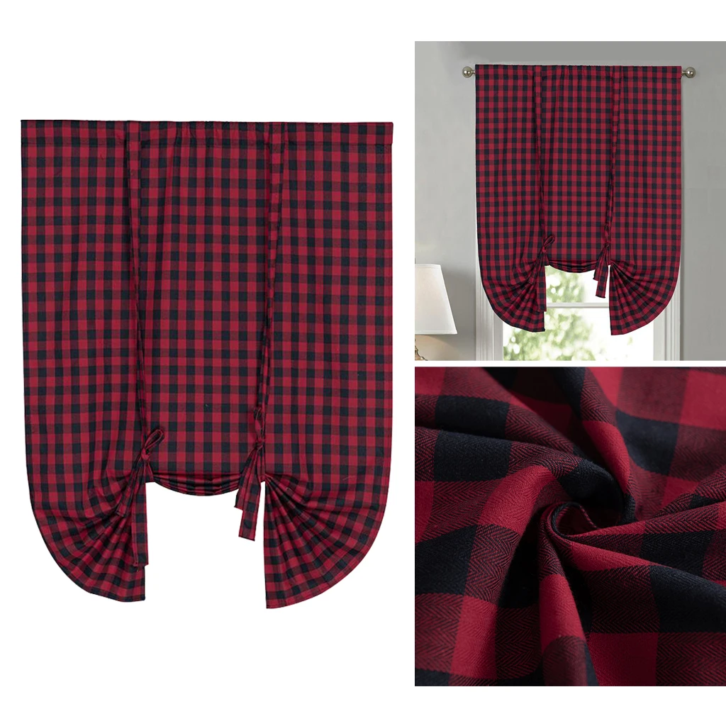 Buffalo Check Tie Up Curtains for Windows - Rod Pocket Semi Sheer Light Reducing Kitchen Valance Curtains, 42 x 63 Inches