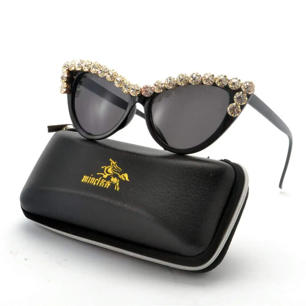 

MINCL/Bling Sunglasses Crystal Rhinestone Shades Retro Half Rim Women Cat Eyewear NX