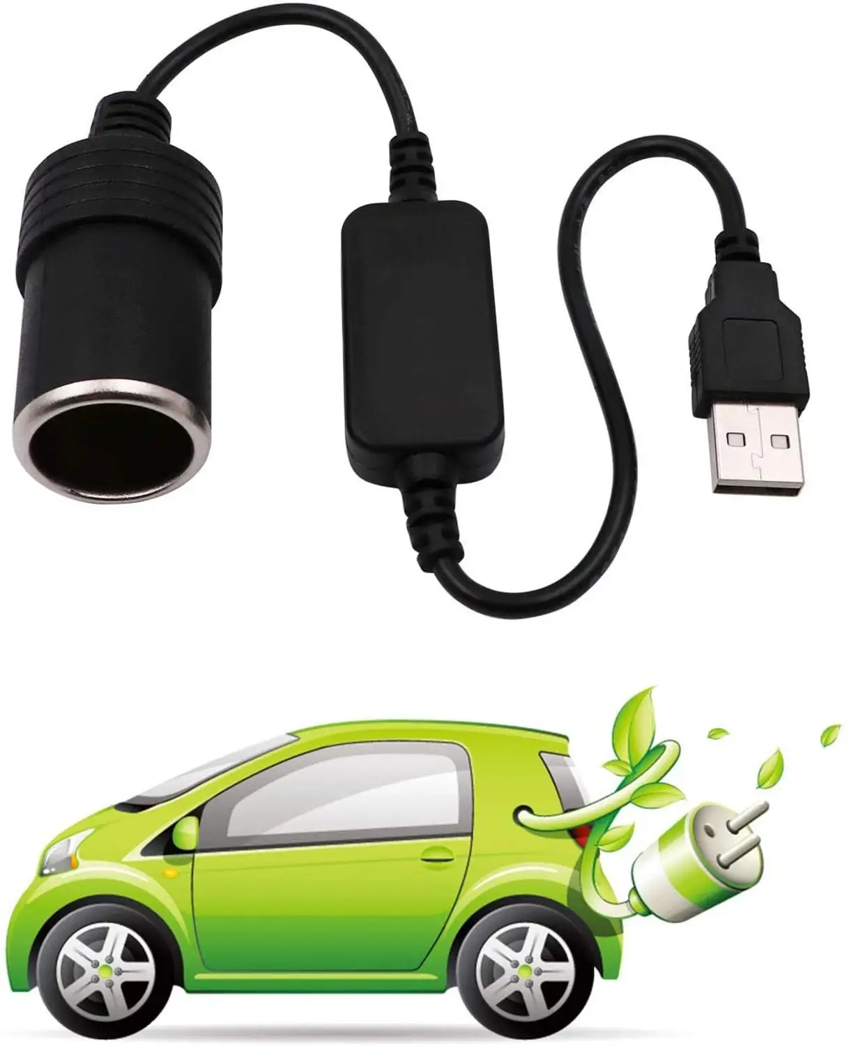2-Pack USB A Male to 12V Car Cigarette Lighter Socket Female Converter Cable