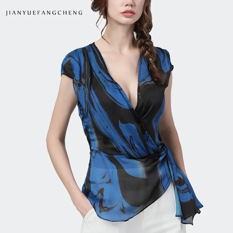 Sexy deep V-Neck thin chiffon shirt female waist bandage feminine blue printed blouses short-sleeved temperament summer new tops 2