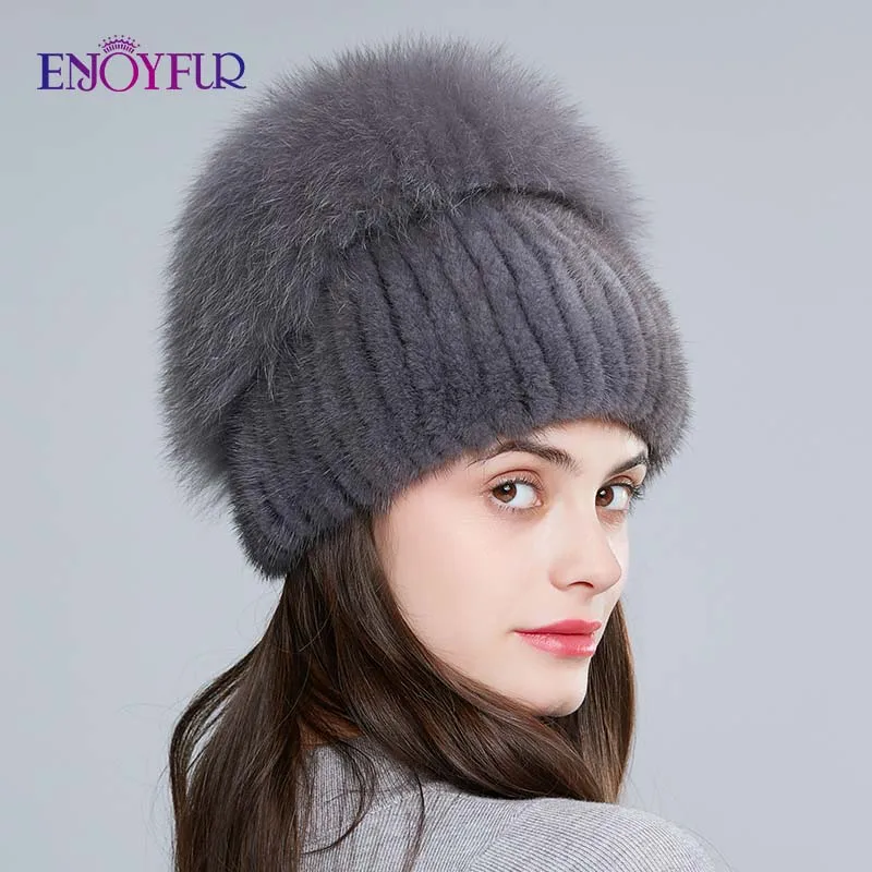 ENJOYFUR, натуральный Лисий мех, шапка для женщин, натуральный мех норки, женские зимние шапки, вертикальные Стразы, высокое качество, шапочки, модные шапки