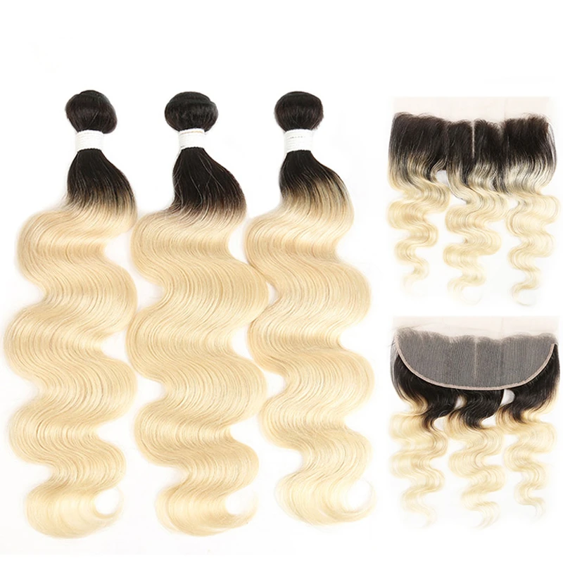 China weave bundles with closure 613 Blonde Bundles With Frontal Brazilian Body Wave With 134 Lace Frontal 