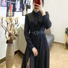 Элегантная юбка, стиль, женское осеннее черное платье-рубашка с длинным рукавом, дебютантное платье с высокой талией, длинные юбки