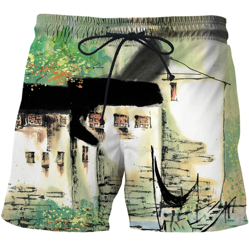 

Summer Men's Beach Casual Shorts Breathable and Chinese brush painting Surf Athletic Gym Sports Training Casual men clothing