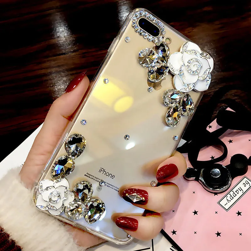 

case for iPhone 11 XR 7 8 11 Pro Max X XS Max Plus 6 6s cover Mobile Phone Camellia Rhinestone(without belt)