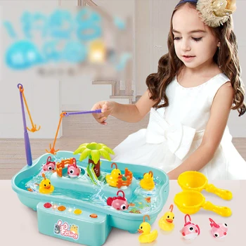 

Children's wisdom toy electric multi-function rotating fishing plate yellow duck water playing toy set