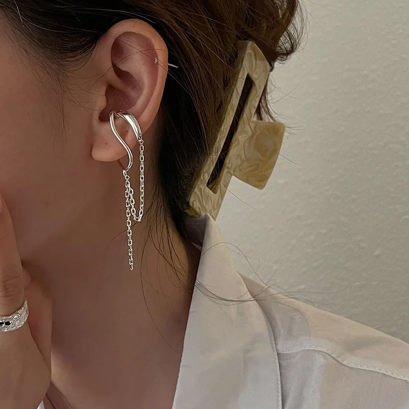 FOXANRY Prevent Allergy 925 Sterling Silve Earrings Ear Clip Trend Vintage Simple Irregular Geometric Tassel Chain Party Jewelry - Image 6