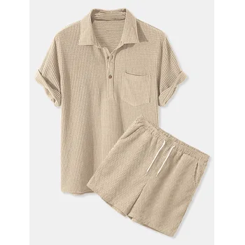 طقم قمصان رجالي صيفي رفيعة من القماش المخملي قصير الأكمام قابل للتنفس قمصان وشورت رجالي مع جيب