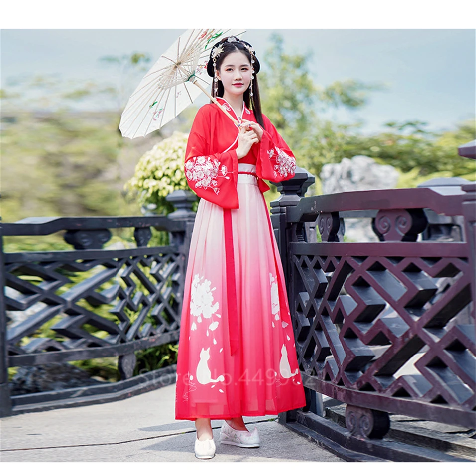 Для женщин Hanfu Новый год Традиционный китайский древний народ танцевальный костюм карнавальный наряд красного цвета; с вышивкой; платье