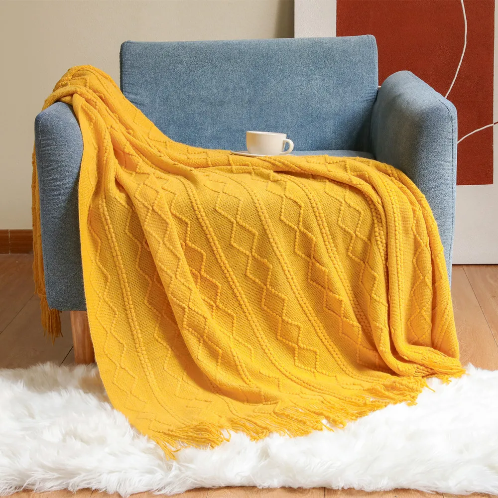 Textile City Ins Vertical Bar Diamond Throw Blanket Cashmere Acrylic Tassel Sofa Decorate Cover Dustproof Home Bedspread 150*230