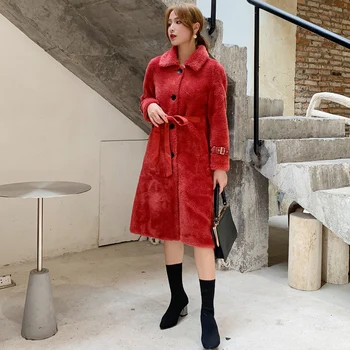 

Winter Female Real Sheep Shearing Fur Coat 2019 New Autumn Women Solid Genuine Wool Long Jacket Belt Thick Warm Overcoats