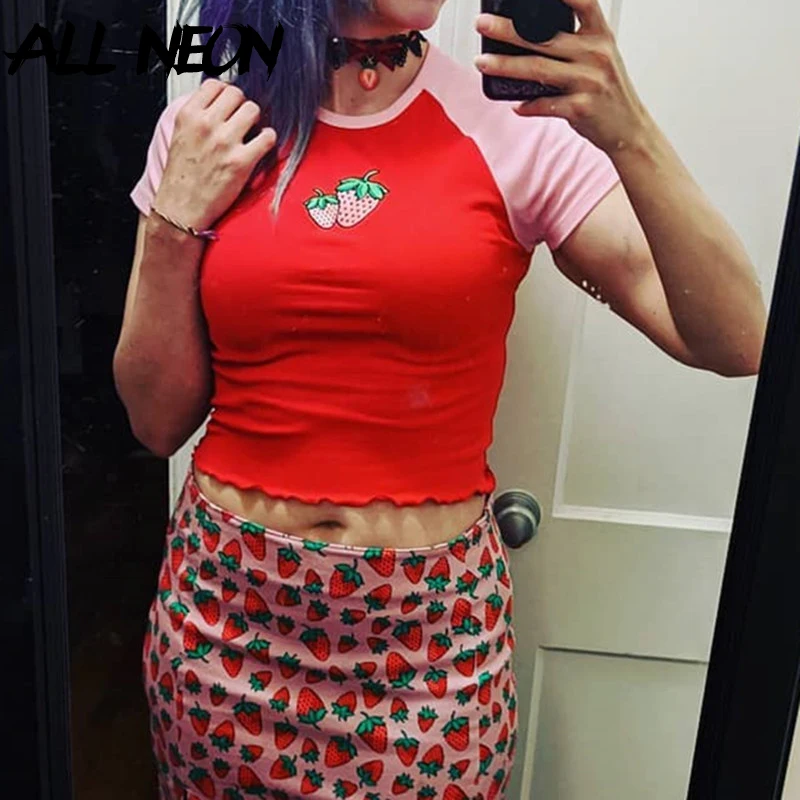 ALLNeon Sweet Strawberry Embroidery Front Crop Tops E-girl O-neck Short Sleeve Patchwork Red T-shirts Fashion Summer Kawaii Tees