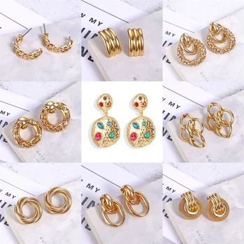 

IFMIA Vintage Gold Irregular Geometric Knot Stud Earrings For Women Girl Round Statement Oorbellen Party Jewelry Gift 2019 NEW