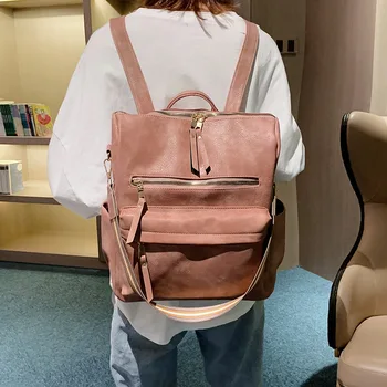 

2019PU Leather WOMEN'S Backpack Solid Color Soft Surface Travel Large-Volume Multi-functional mochila feminina