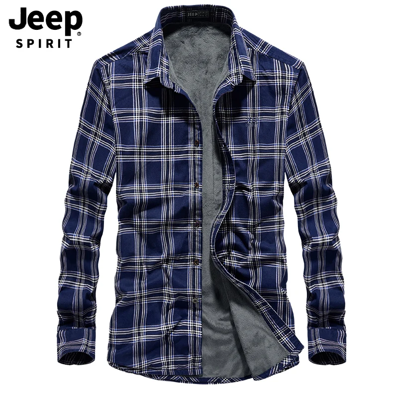 JEEP SPIRIT бренд осень зима мужская клетчатая рубашка Флисовая теплая подкладка длинный рукав отложной воротник повседневные мужские рубашки хлопковые рубашки