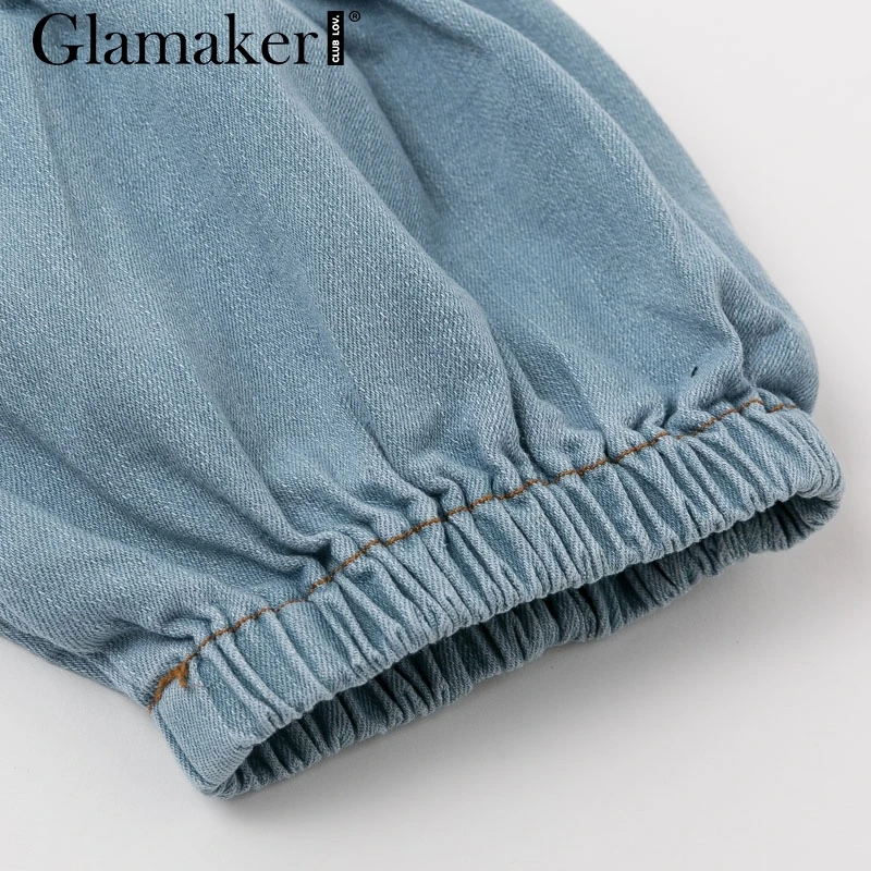 Glamaker, сексуальный джинсовый женский топ, женский, на шнуровке, элегантный, с пышными рукавами, джинсовая рубашка, Осень-зима, синяя блузка, рубашка, укороченные топы