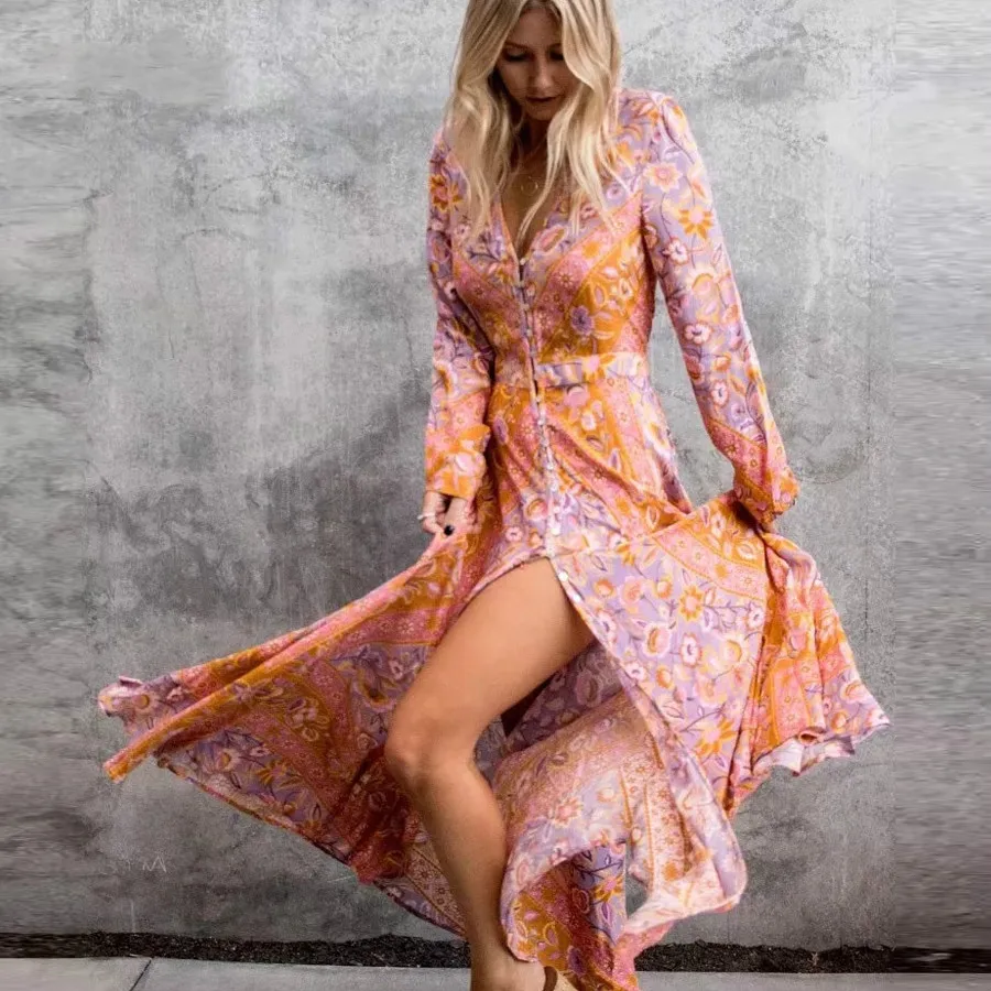 

AYUALIN Maxi dresses for women rayon pink floral print V-neck long sleeve Gypsy autumn dresses bohemia femme dress brand vestido