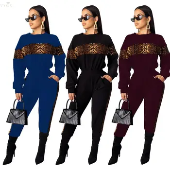

Women Tracksuit Autumn Winter Leopard Print Patchwork Two Piece Set Top And Pants Long Sleeve Pullovers Casual Women Outfits