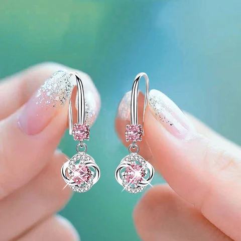 Female Crystal Pink Blue White Drop Earrings Silver Color Zircon Stone Earrings Small Round Dangle Earrings For Women