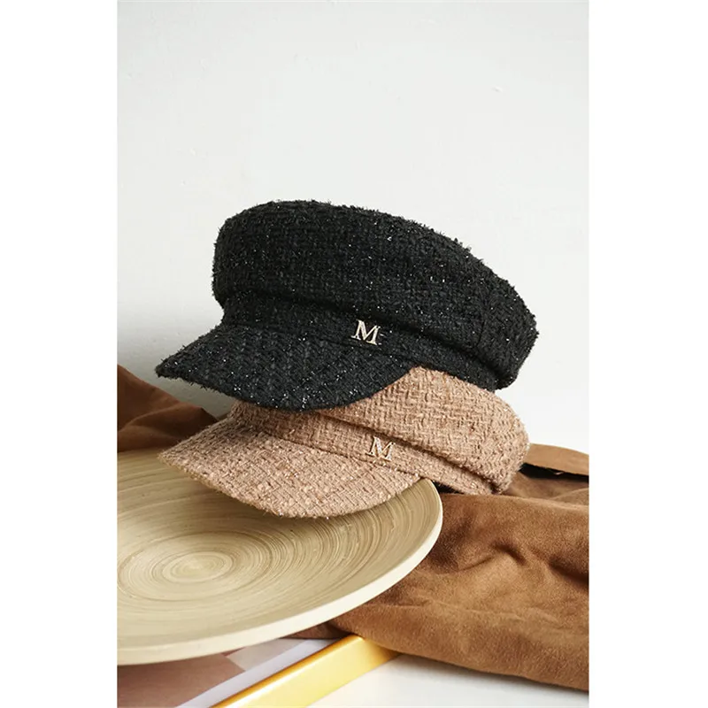 USPOP Brand Designer Fashion Winter Caps Women Diamond Letter Newsboy Caps Flat Solid Color Tweed Militray