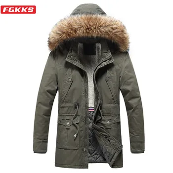 

FGKKS Winter Men Parkas Coats Quality Brand Men's Plus Velvet Thick Long Overcoat Fur Collar Hooded Parkas Coat Male Clothing