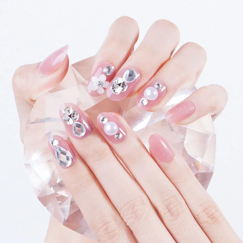 

Diamond Jelly Color Fake Nails Art Stickers Glitter Crystal Imitation Pearl False Nail Patches with Glue Bride Manicure Tool DIY