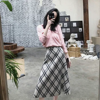 

Newest Vintage Plaid Suede Skirt Women Autumn High Waist Long A Line Skirts Female Midi Skirts Elegant Spring Jupe Femme