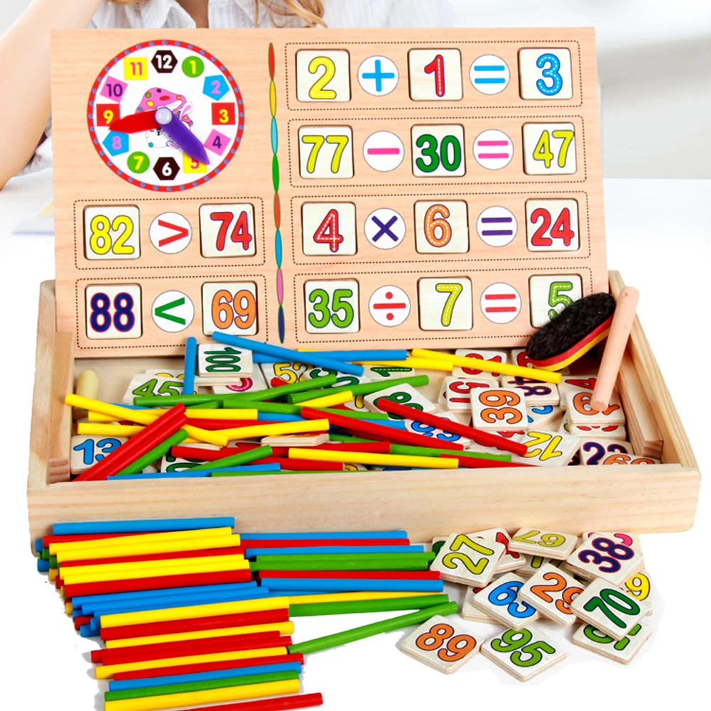 

Kids Maths Teaching Box Set Children Wooden Number Counting Math Toy Mathematics Sticker Calculate Game Toy Education Block