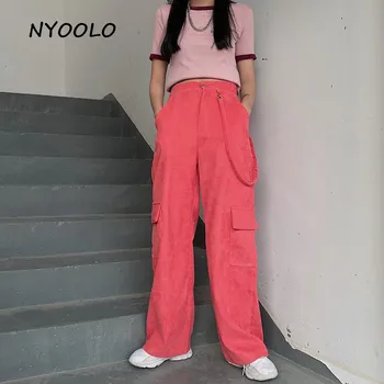 

NYOOLO High Street Vintage Corduroy Loose High Waist full length Trousers women Casual street button fly pockets Wide leg pants