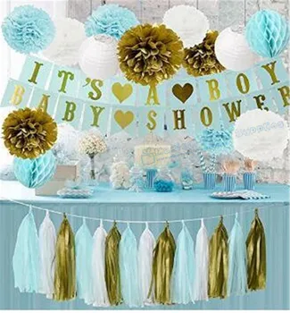 

1 Set Gold Blue White Tissue Paper Pom Poms Lantern Honeycomb Ball It's A Boy Banner Baby Shower Decoration Pregnancy Photo Prop
