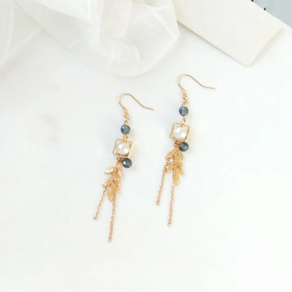 

Women's Earrings Long Leaf Ear Hook Geometric Crystal Earrings Girl Imitation Pearl Drop Earrings Jewelry Accessories for Women