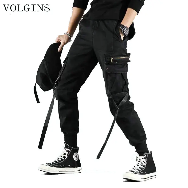 Мужские брюки для бега в стиле хип-хоп с несколькими карманами, мужские хлопковые черные брюки-карго с лентой, брюки с эластичным поясом