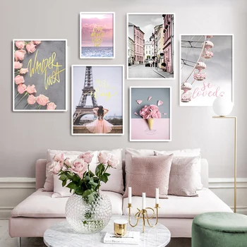 

Paris Tower Wall Picture Pink Flower Posters Nordic Scandinavian Landscape Print Canvas Paintings for Living Room Fashion Decor
