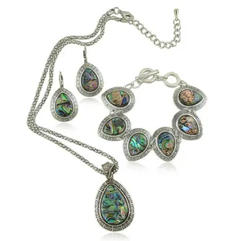 

FYJS Unique Silver Plated Water Drop Pendant Necklace Abalone Shell Earrings Bracelet Vintage Jewelry Sets