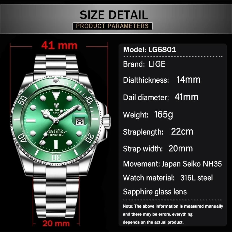 LIGE Watch Men Automatic Mechanical Tourbillon Clock Fashion Sapphire Glass 316L Steel 100 Waterproof Watches men's wrist