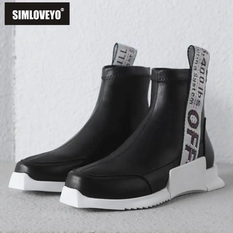 

SIMLOVEYO Women Ankle Boots Square Toe Platform Flat with Geniun leather Pull On flock Letters size 34-39 Casual Autumn bottine