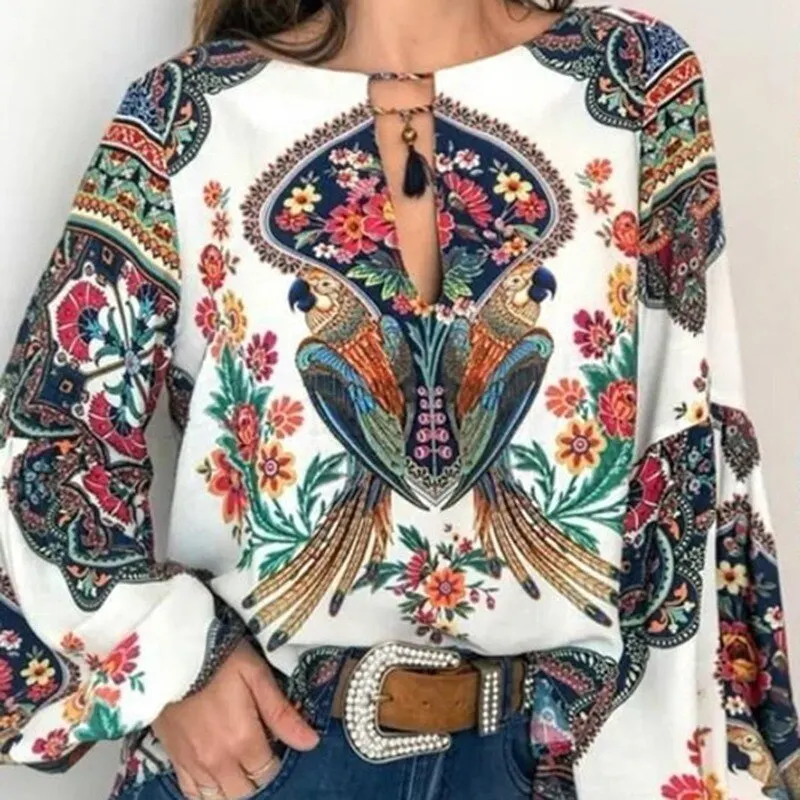 

NIBESSER 2019 Autumn New Women Boho Clothing Oversized Blouse Retro Floral Print Tops Casual Female Lantern Sleeve O-Neck Shirts