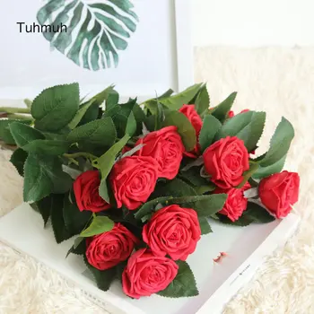 

Real Touch Gluing Tea Rose 2 Heads Silk Artificial Flowers Branch Home Wedding Decoration Peony Fake Flower