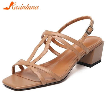 

Karinluna 2020 Hot Sale Genuine Cow Leather Summer Sandals Woman Shoes Peep Toe Buckle Strap Thick Heels Shoes Women Sandals
