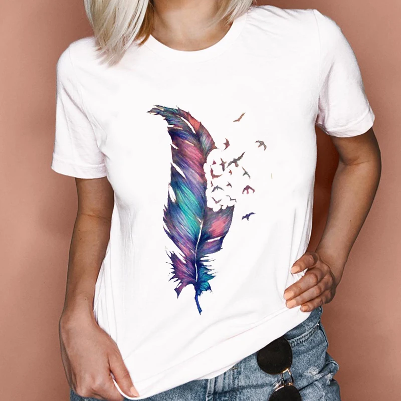 Women Graphic Feather Printing Fashion 90s Cute Watercolor Short Sleeve Lady Clothes Tops Tees Print Female Tshirt T-Shirt