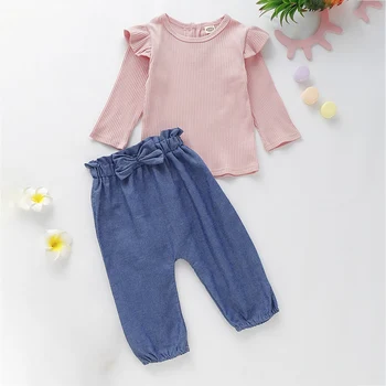 

Autumn Newborn Baby Girls Clothes Sets Pink Solid Long Flare Sleeve Blouse Tops+Bowknot Design Pants Trouser Casual Costume Set