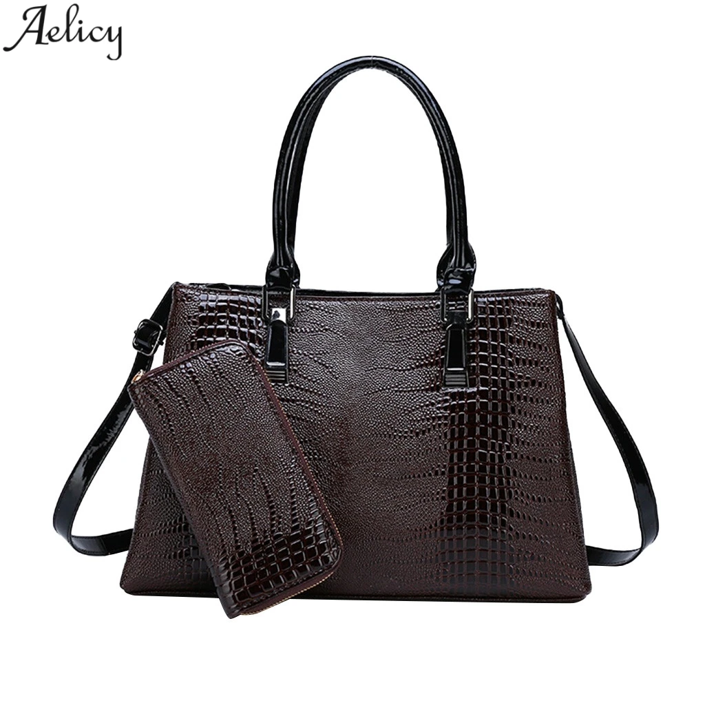 Aelicy, роскошная брендовая крокодиловая женская сумка, черная, красная, лакированная кожа, женские сумки, набор, Большая вместительная сумка на плечо, сумки-тоут+ кошелек