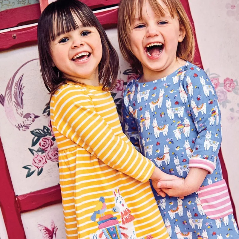 Прыжки метров новые платья принцессы в полоску для девочек Альпака аппликация на весну-осень одежда для малышей платья с длинными рукавами для девочек