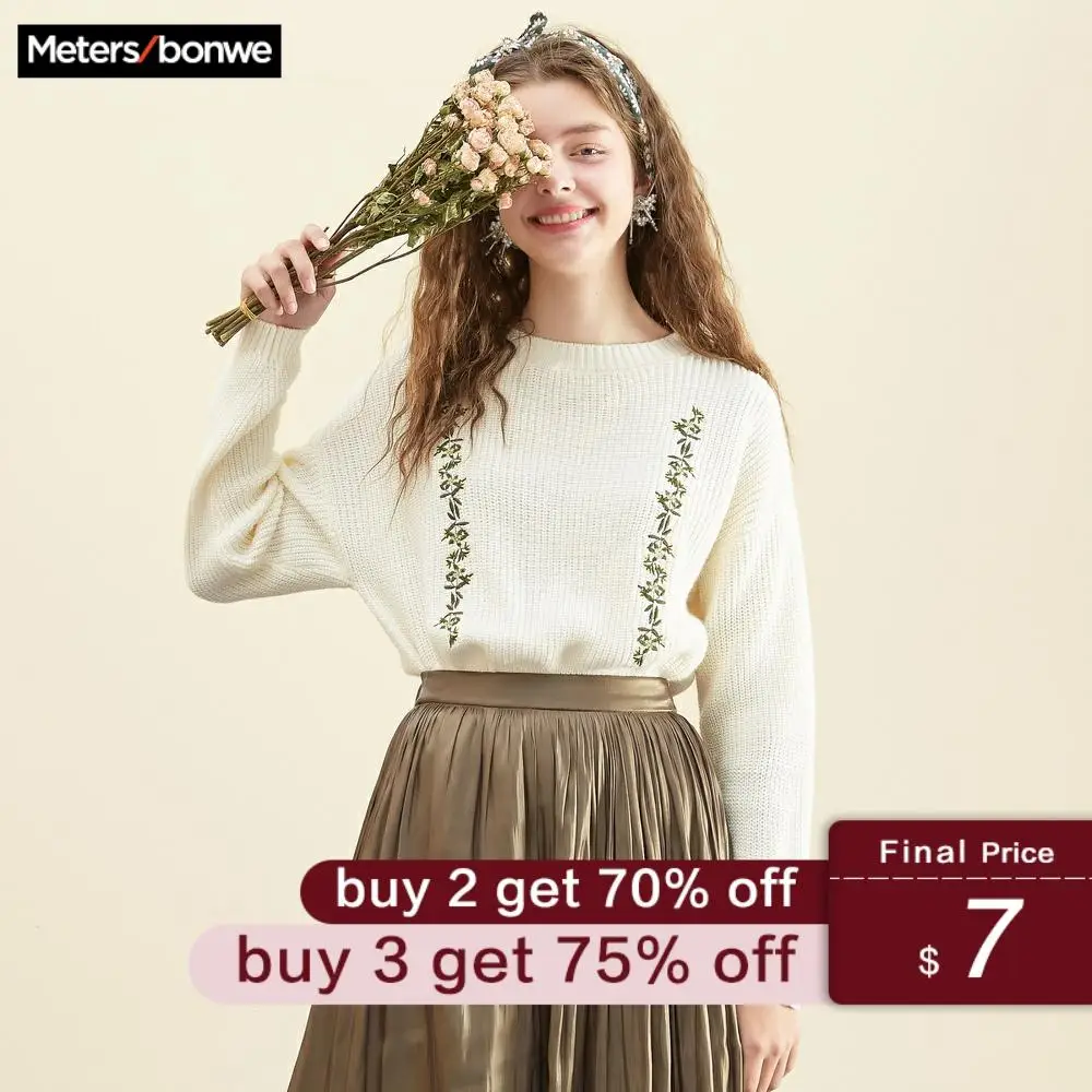 

Metersbonwe 2019 Cotton Knitted Sweater Women Pullovers Floral Sweater Autumn Winter Basic Women Sweaters Korean Style Slim Fit