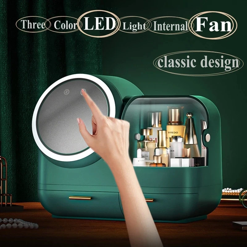 Fan Makeup Organizer LED Light Cosmetic Storage Box Transparent Desktop Fashion Clear Beauty 2022 Dropshipping | Дом и сад